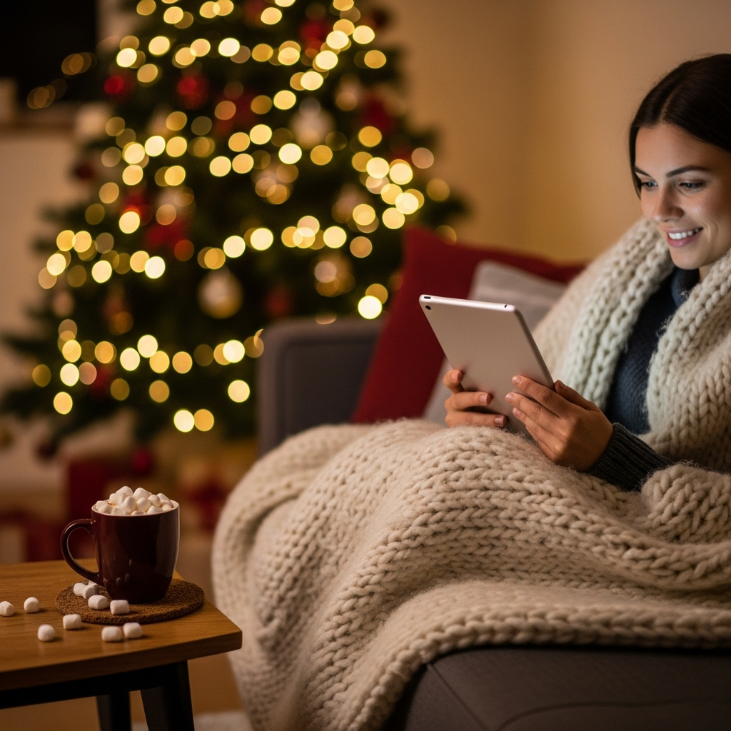 Fotorealistyczny, nastrojowy obraz. Osoba siedzi na wygodnej kanapie, owinięta ciepłym, wełnianym kocem. W dłoniach trzyma tablet lub laptopa, a delikatny blask ekranu oświetla jej uśmiechniętą twarz. Obok na stoliku stoi kubek gorącej czekolady z piankami. W tle, poza ostrością, widać pięknie oświetloną choinkę z ciepłymi, złotymi lampkami. Całość utrzymana w ciepłej, przytulnej kolorystyce.