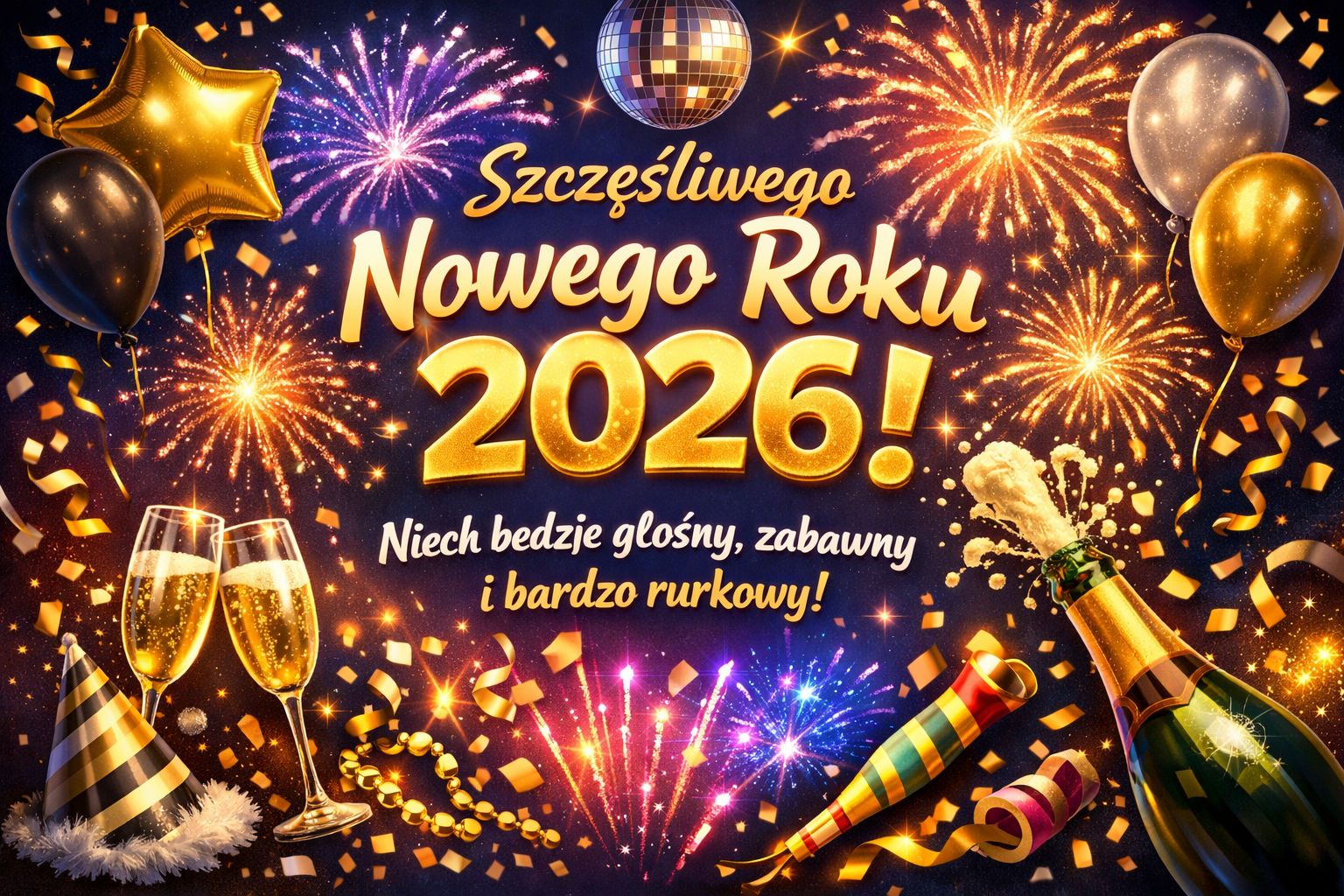Noworoczna grafika 2026 z napisem »Szczęśliwego Nowego Roku 2026«, fajerwerki na nocnym niebie, konfetti, balony i kieliszki z szampanem.