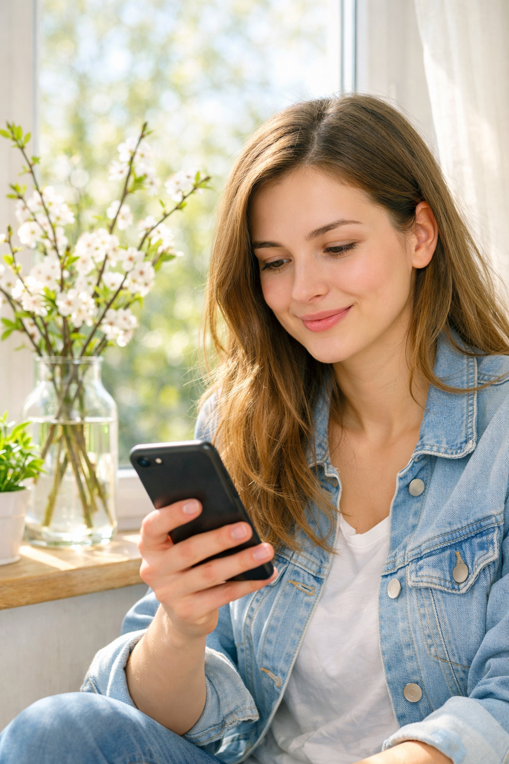 Młoda, uśmiechnięta osoba siedzi przy oknie, przez które wpada jasne, wiosenne słońce